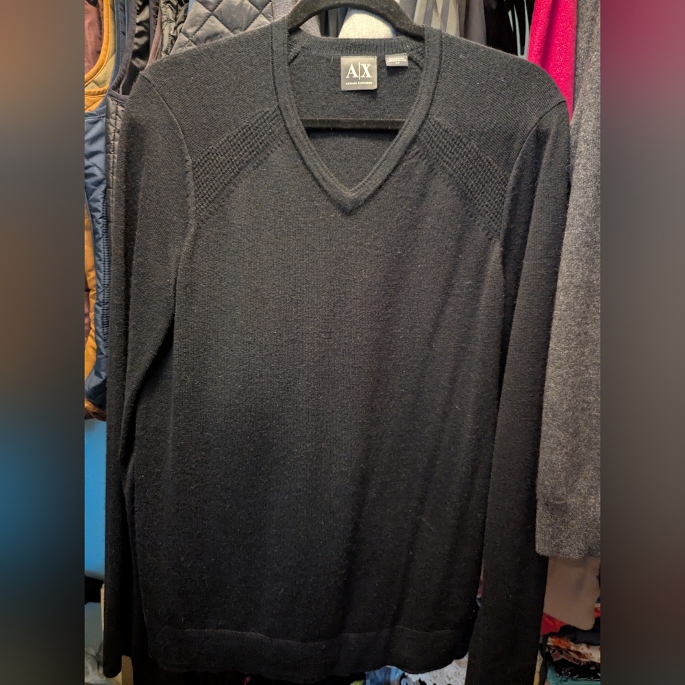 AX Men's Black V-Neck Sweater 50% Merino Wool
